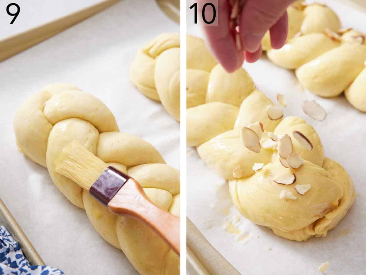 Set of two photos showing dough brushed with egg water and almonds sprinkled on top.