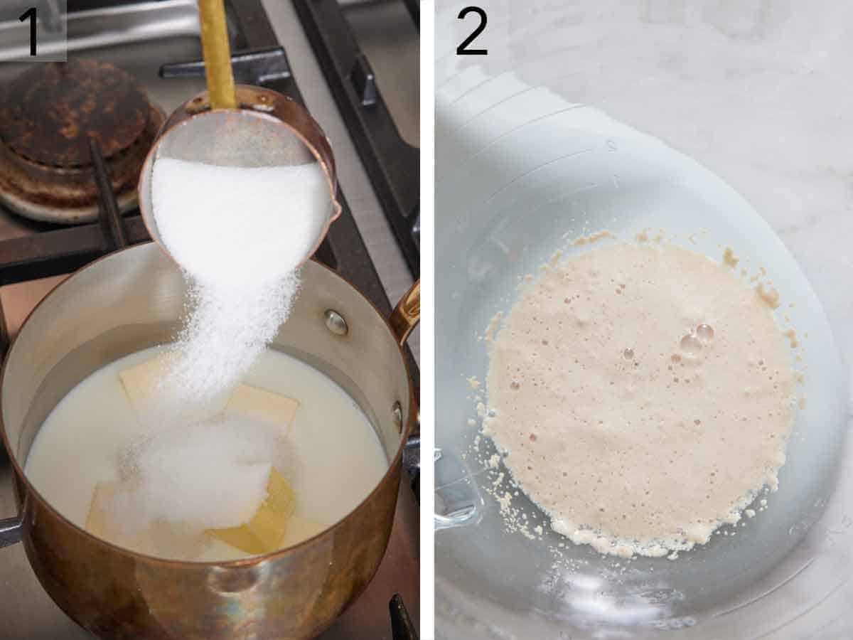 Set of two photos showing sugar added to a saucepan with milk and butter and yeast blooming in another bowl.