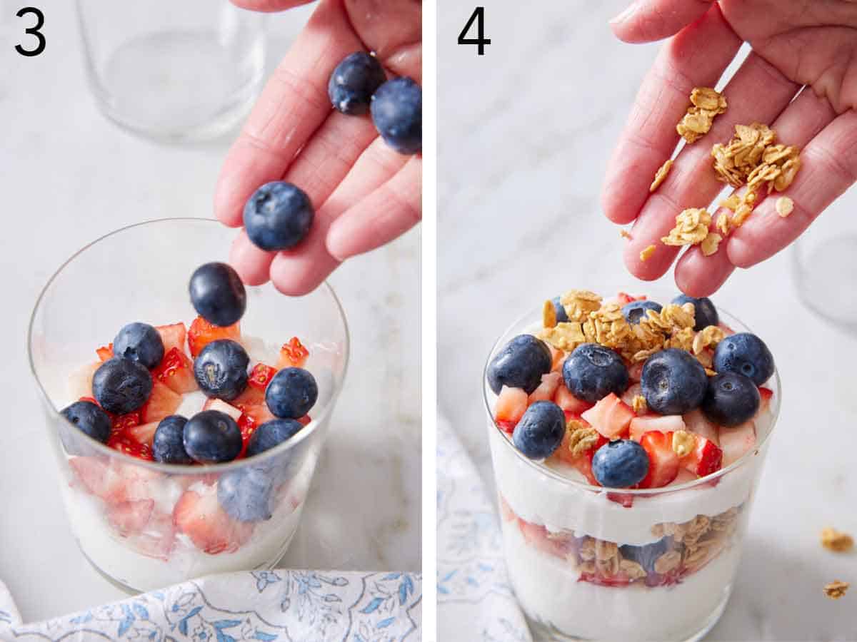 Set of two photos showing berries and granola added to a glass.
