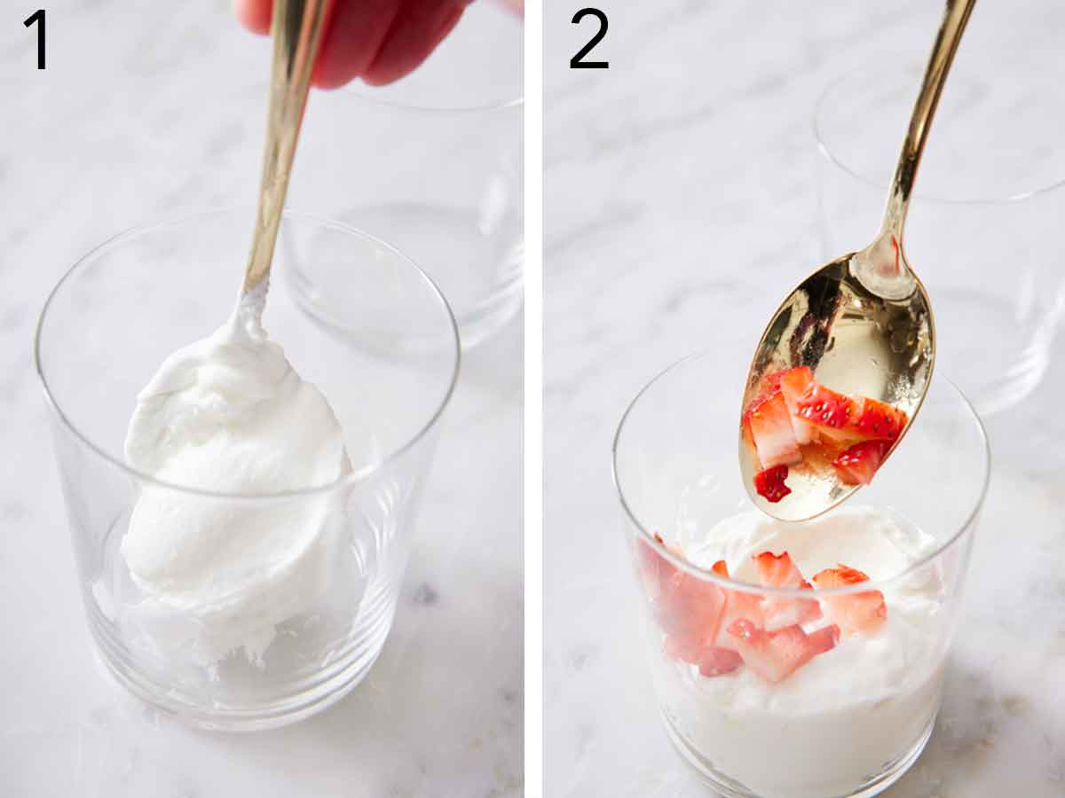 Set of two photos showing yogurt and strawberries added to a glass.
