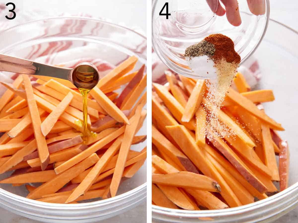 Set of two photos showing oil and seasoning added to the bowl of cut sweet potato.