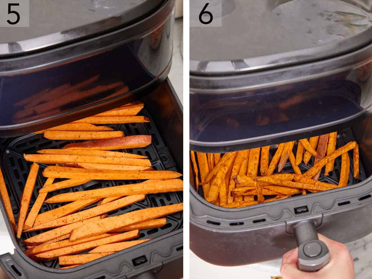 Set of two photos showing sweet potato fries added to an air fryer basket and air fried.