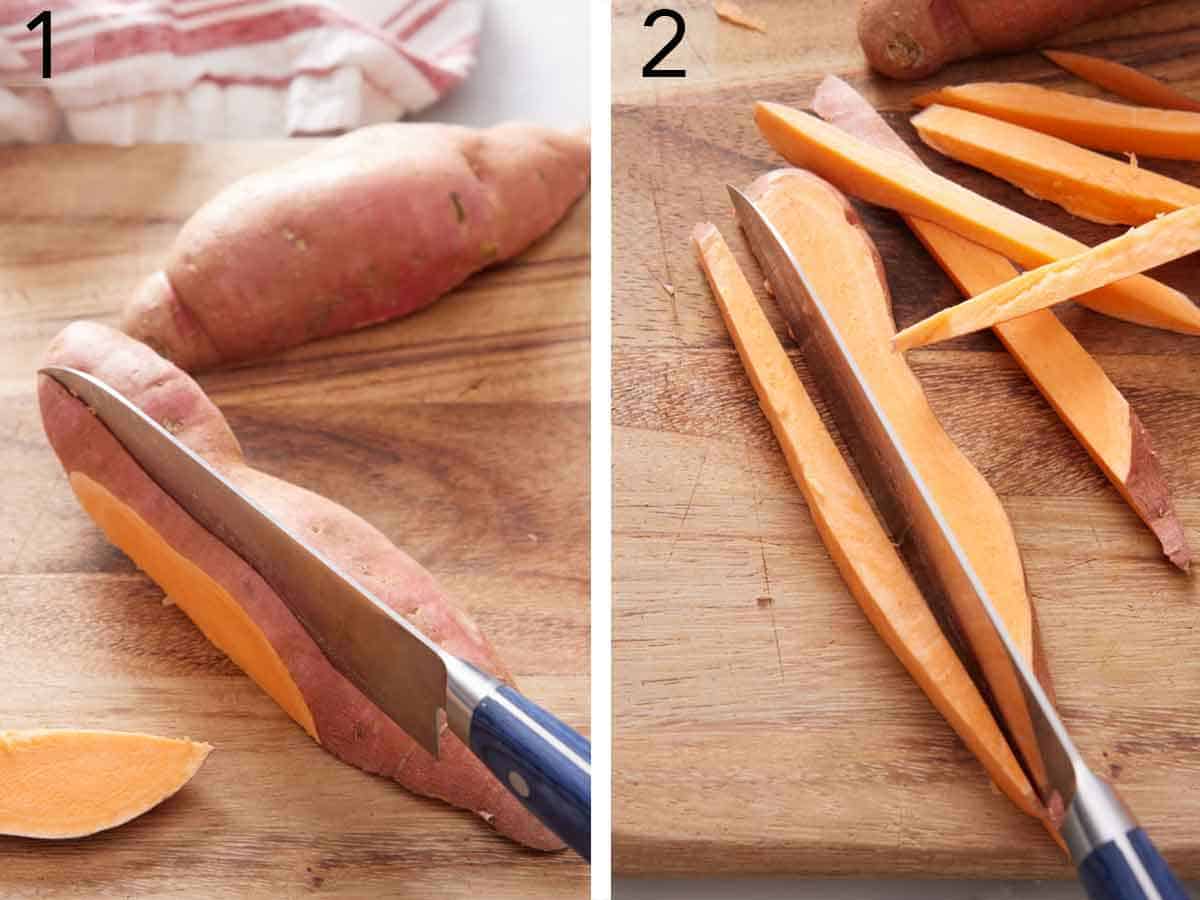 Set of two photos showing a sweet potato cut in half and then cut into fries.