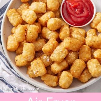 Pinterest graphic of a plate of air fryer tater tots with a bowl of ketchup. A bowl of salt on the side.