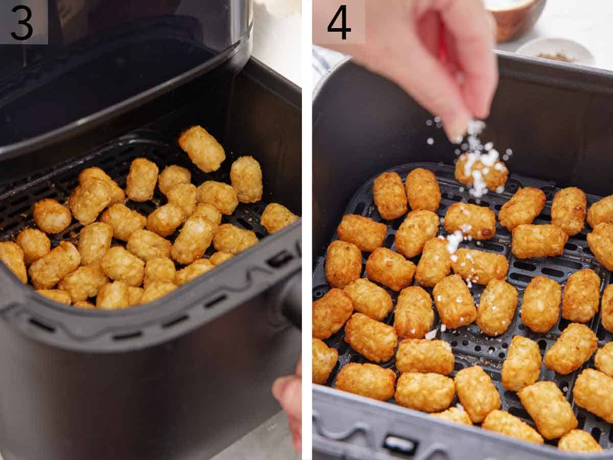 Set of two photos showing the air fryer basket shaken then topped with salt.