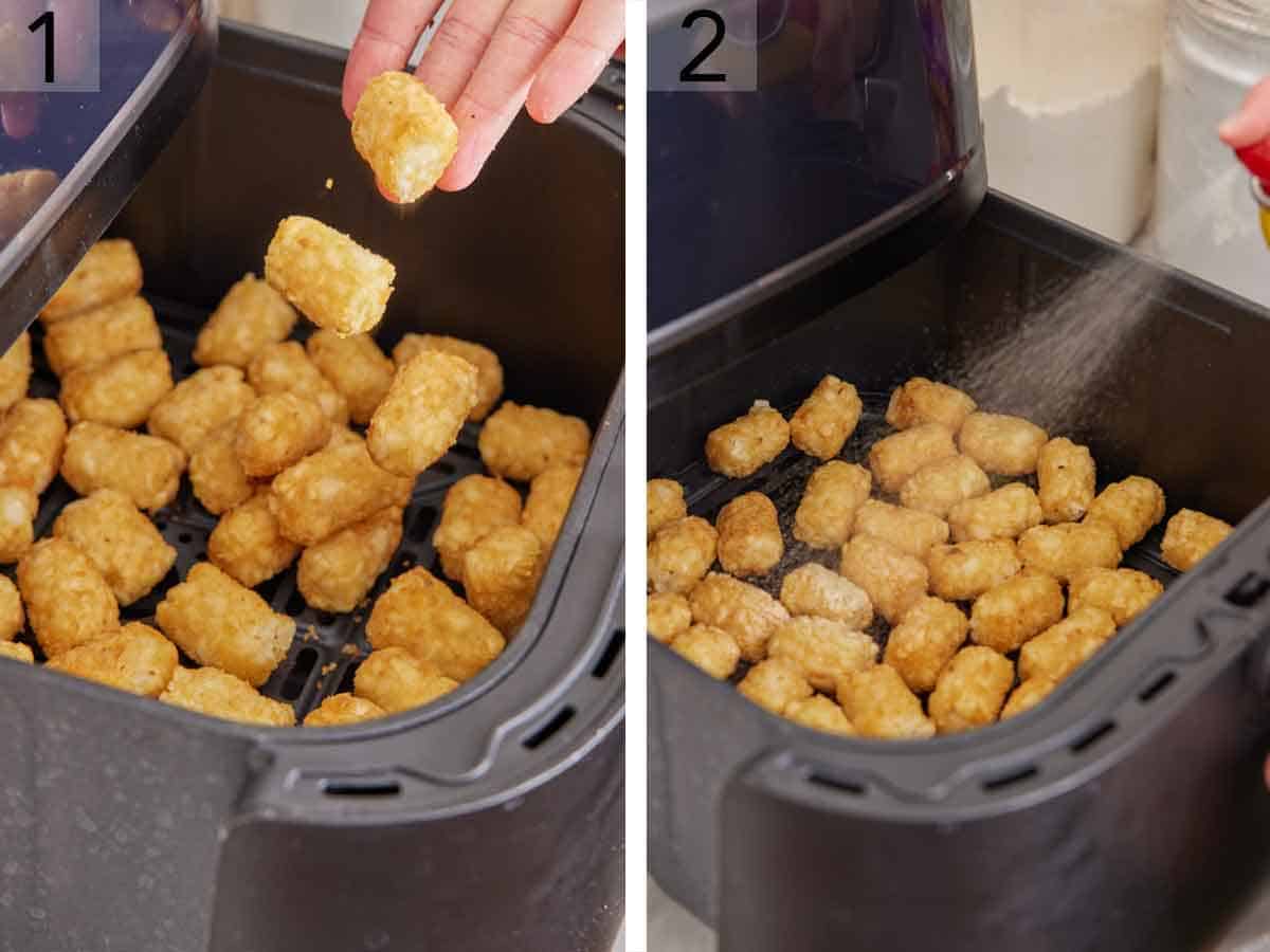 Set of two photos showing frozen tater totes added to an air fryer and sprayed with oil.