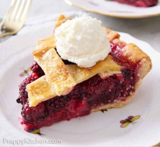Pinterest graphic of a plate with a slice of blackberry pie with a scoop of ice cream on top.