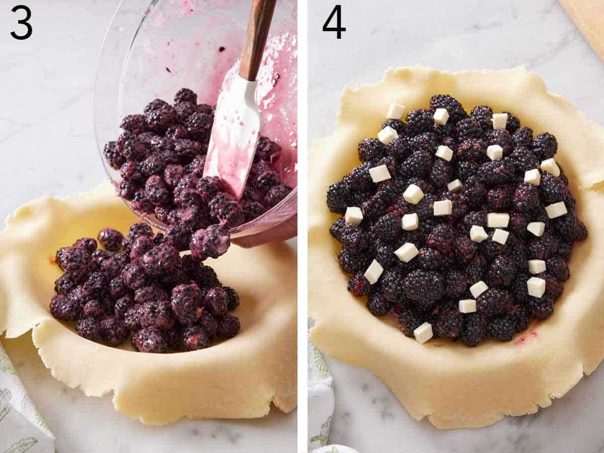 Set of two photos showing blackberries added to the pie crust and dotted with butter.