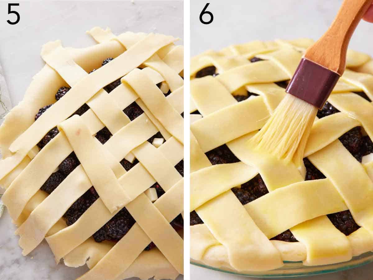 Set of two photos showing lattice created on top of the berries and then brushed with egg wash.