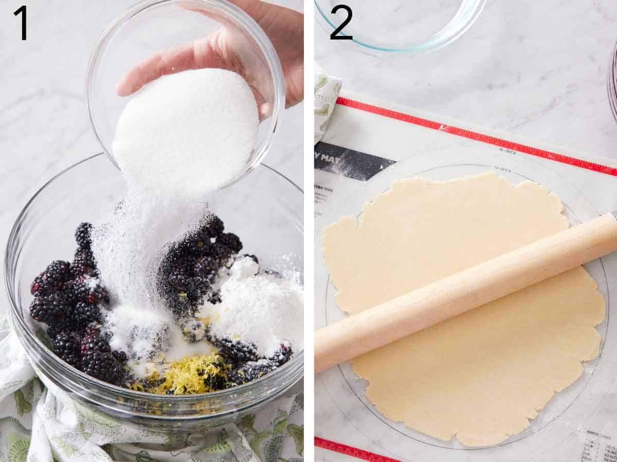 Set of two photos showing sugar added to a bowl of blackberries and lemon zest and dough rolled flat.