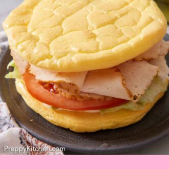 Pinterest graphic of a plate with a sandwich made with cloud bread.