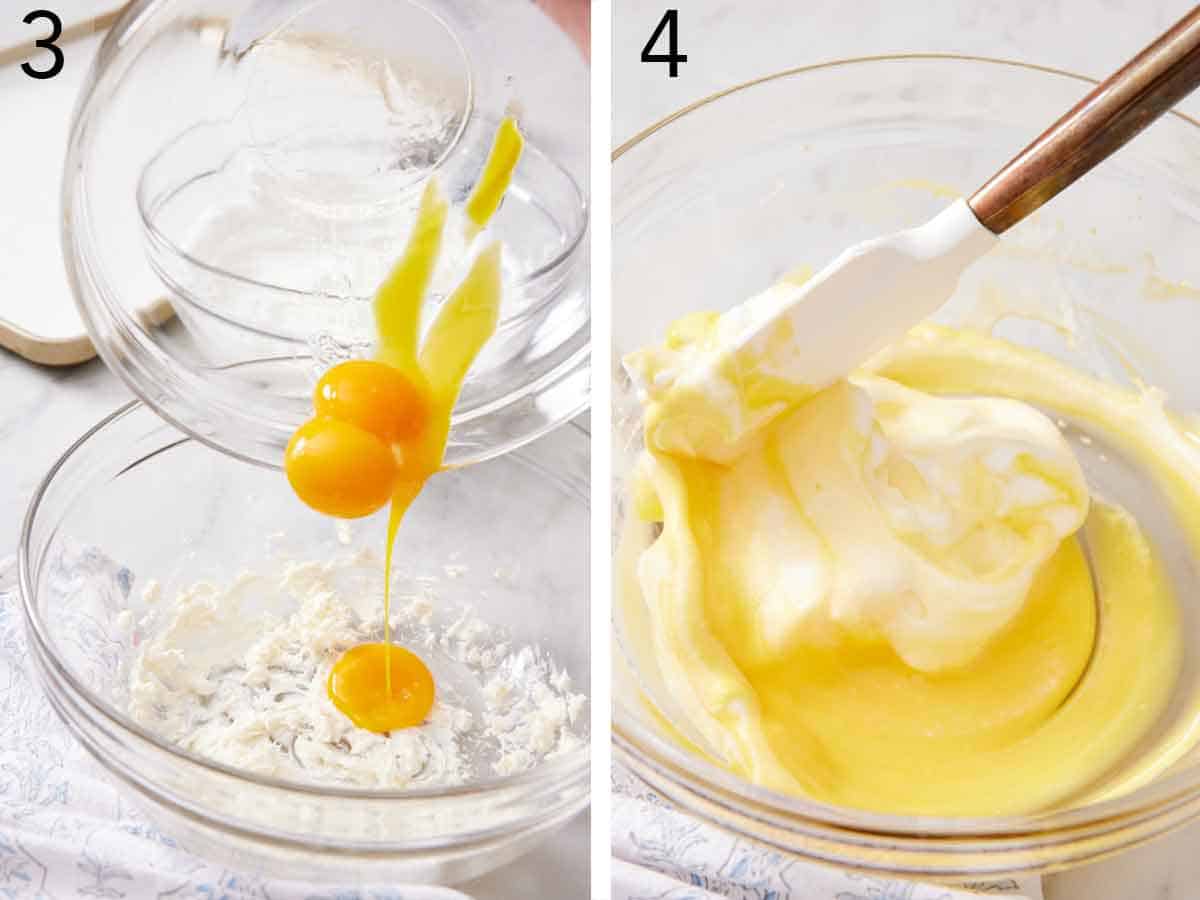 St of two photos showing egg yolks added to the bowl and ingredients folded together.