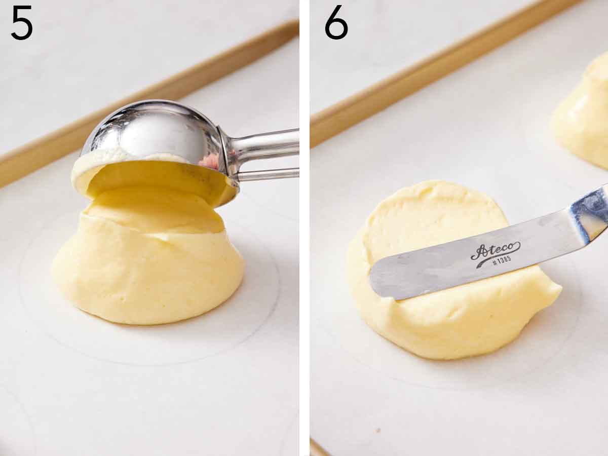 Set of two photos showing cloud bread batter scooped onto a lined sheet pan and slightly flatten.