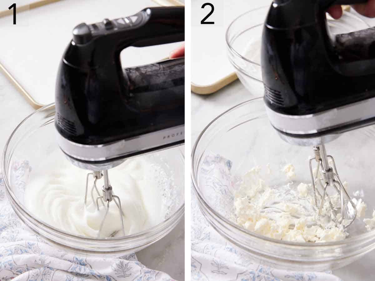 Set of two photos showing egg whites beaten and cream cheese beaten.