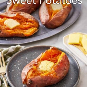 Pinterest graphic of a plate with an instant pot sweet potato with a knob of butter in the middle. Three more with butter on a platter in the background.