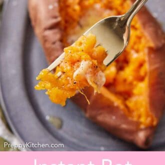 Pinterest graphic of a fork lifting up some of the sweet potato flesh with some pepper and butter on it. Sweet potato in the background.