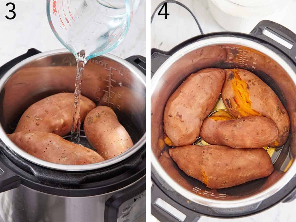 Set of two photos showing water poured into the pressure cooker than an overhead view of the four sweet potatoes cooked through in the pot.