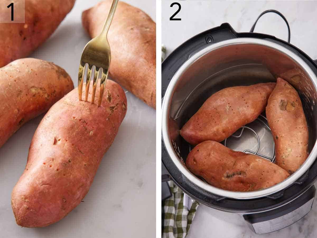 Set of two photos showing sweet potatoes pricked with a fork and placed in an instant pot.