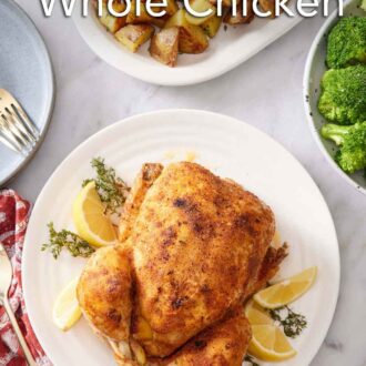 Pinterest graphic of an instant pot whole chicken over fresh thyme and lemon wedges on a white plate. Roasted potatoes and some broccoli on the side.