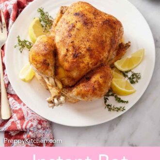 Pinterest graphic of an overhead view of a white plate with an instant pot whole chicken over fresh thyme and lemon wedges.