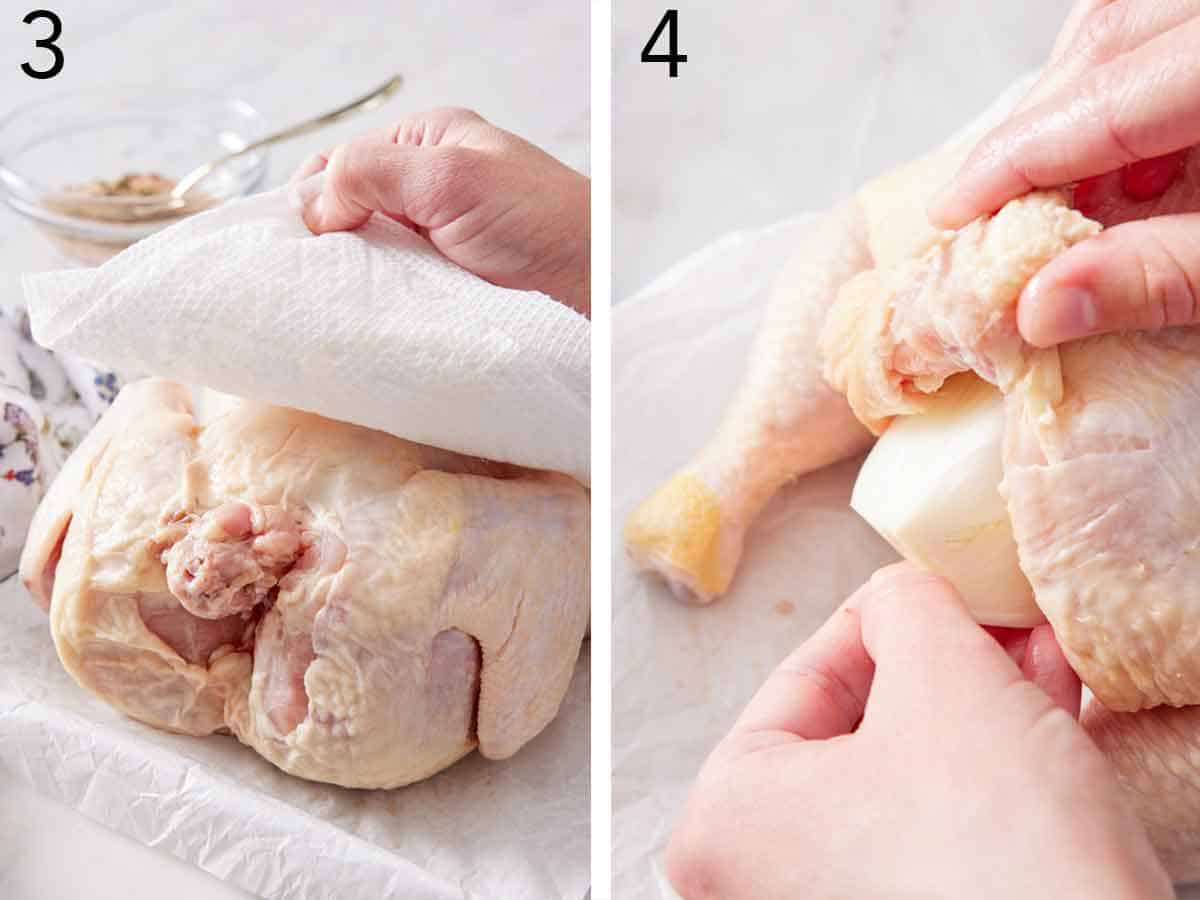 Set of two photos showing chicken is patted dry with a paper towel and onion inserted.