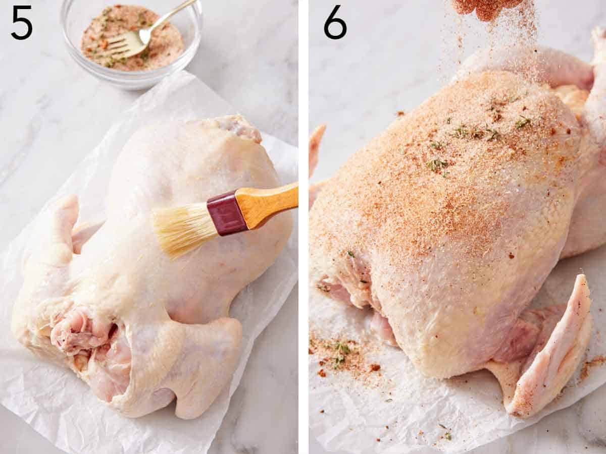 Set of two photos showing chicken brushed with butter and seasoned.