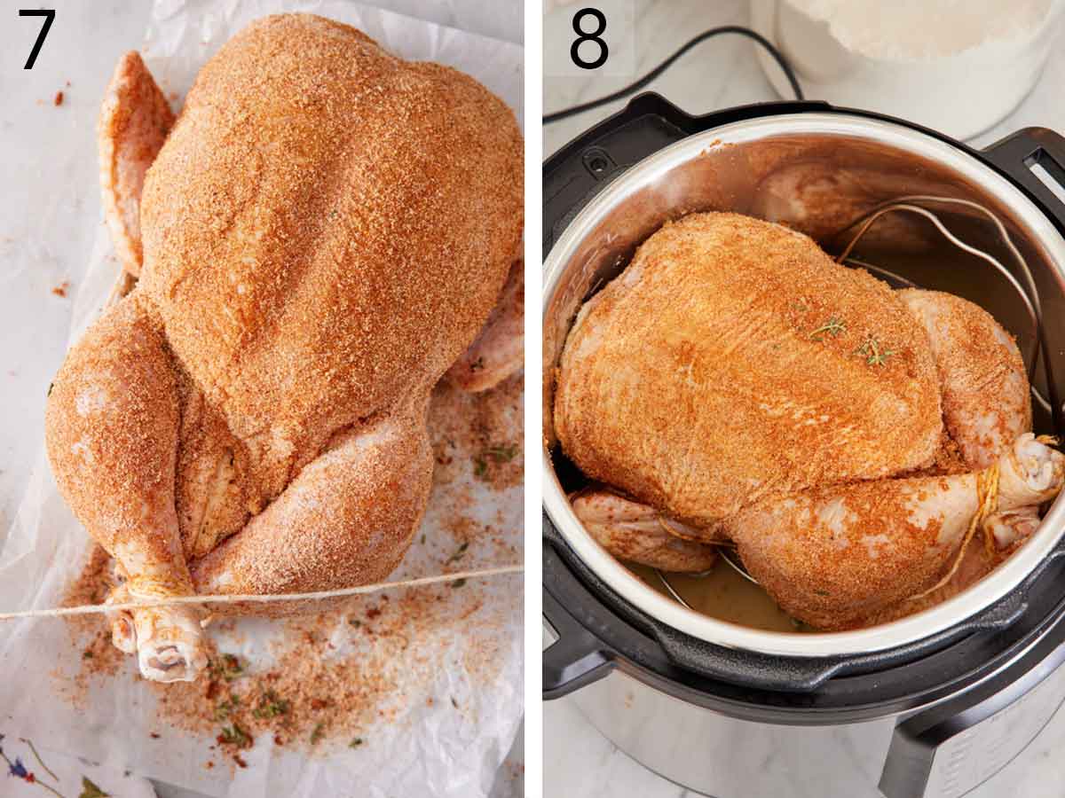 Set of two photos showing chicken tied with twine and added to an instant pot.