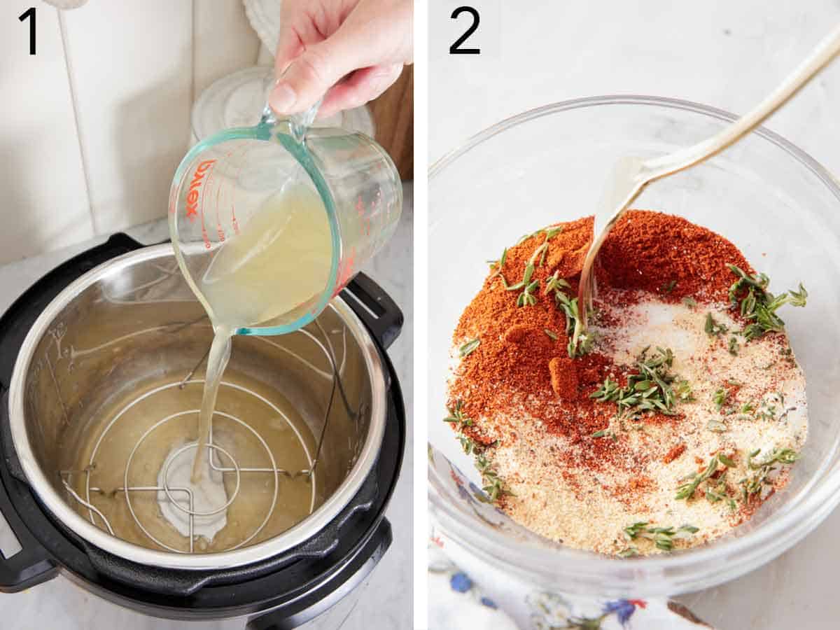 Set of two photos showing stock added to the pressure cooker and seasoning mixed in a bowl. with a fork.
