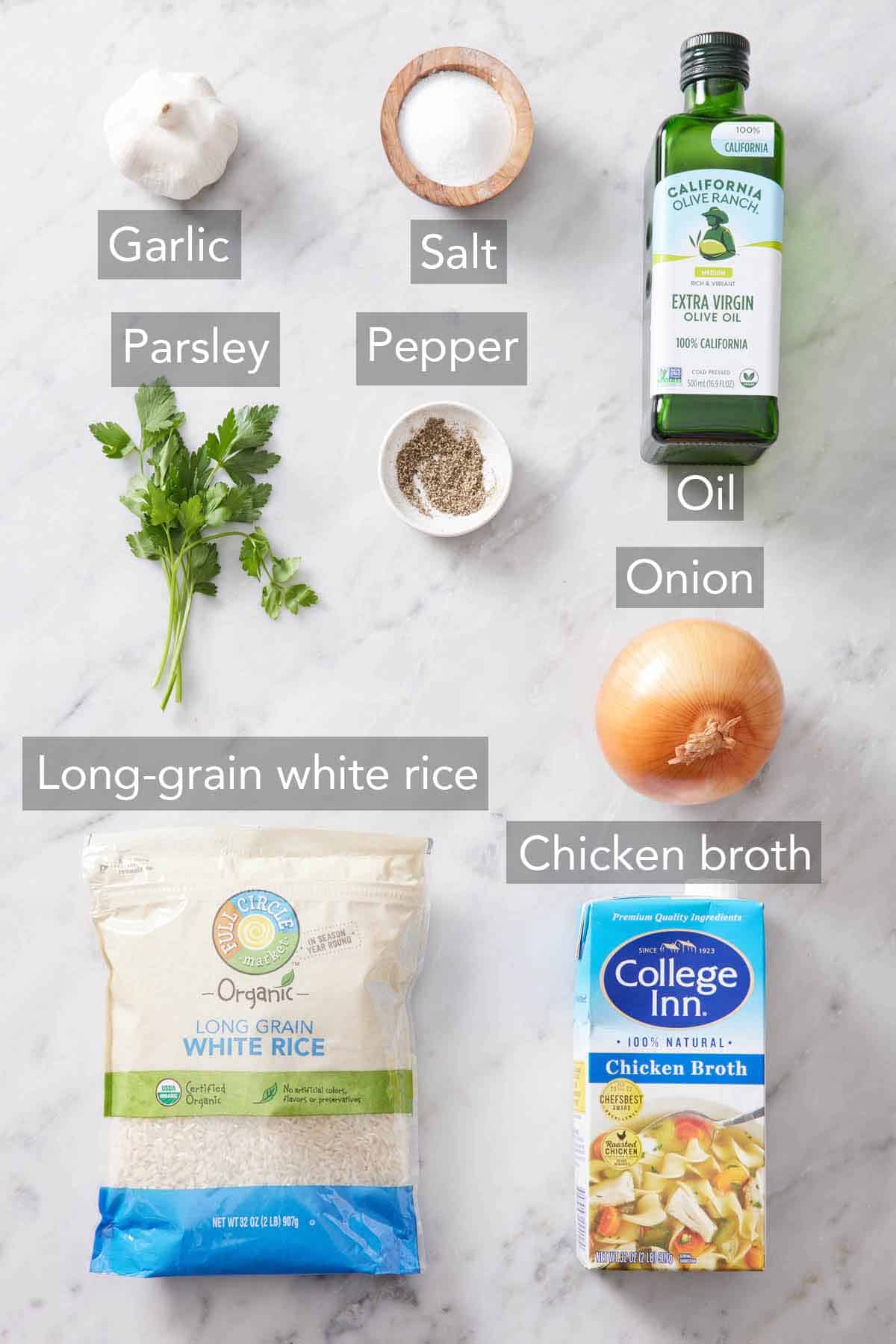 Ingredients needed to make rice pilaf.
