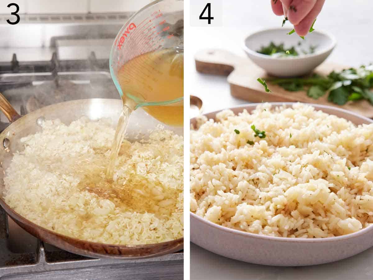 Set of two photos showing chicken broth added to the skillet and then parsley garnishing cooked rice pilaf.