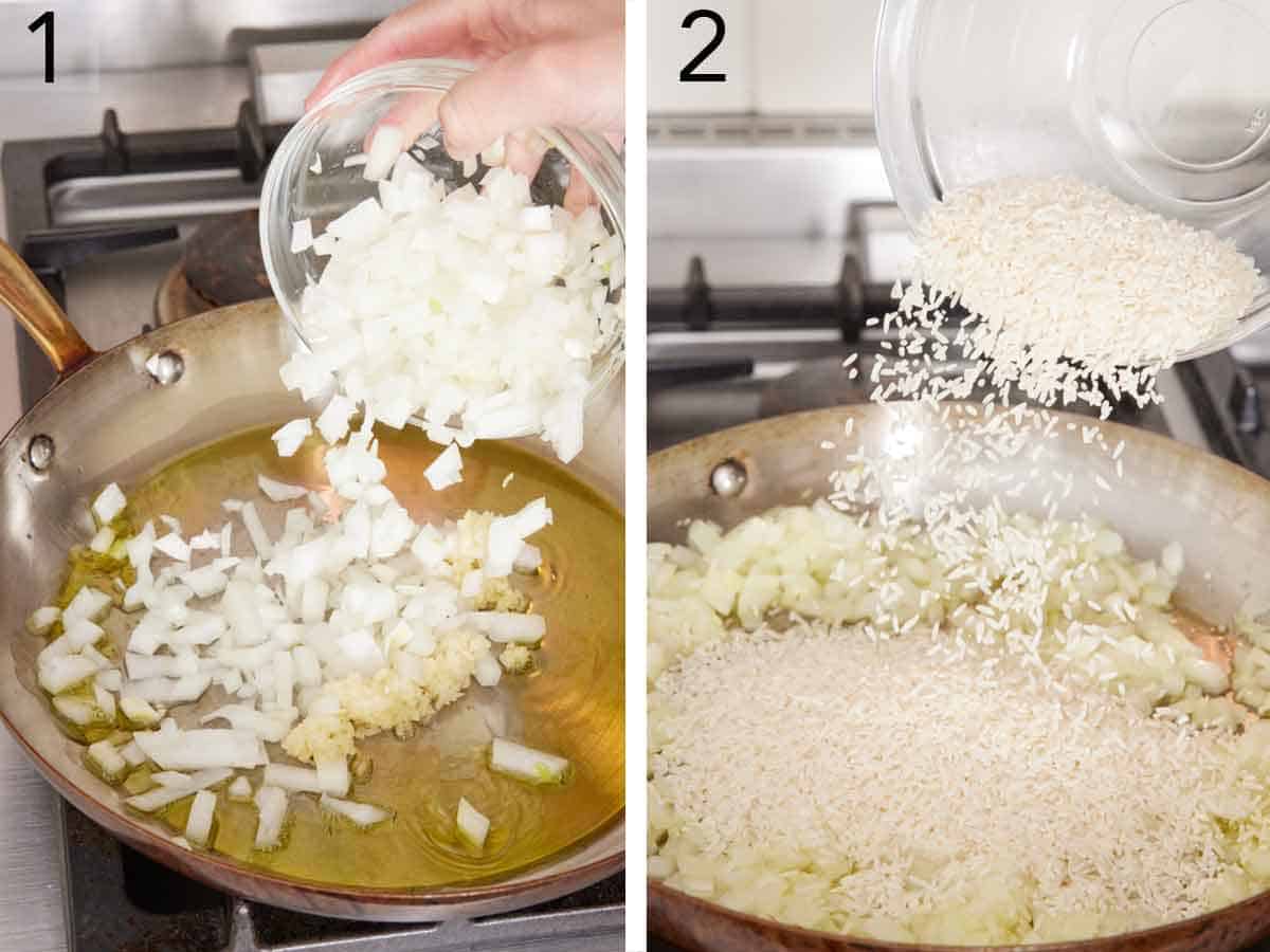 Set of two photos showing onions added to a skillet with oil and then rice added.