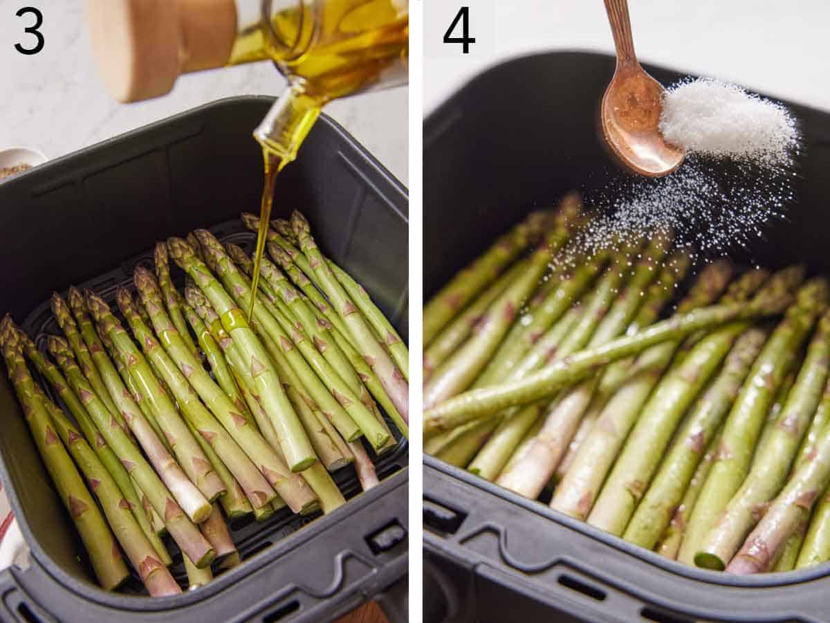 Set of two photos showing oil and salt added to the vegetable in the basket.
