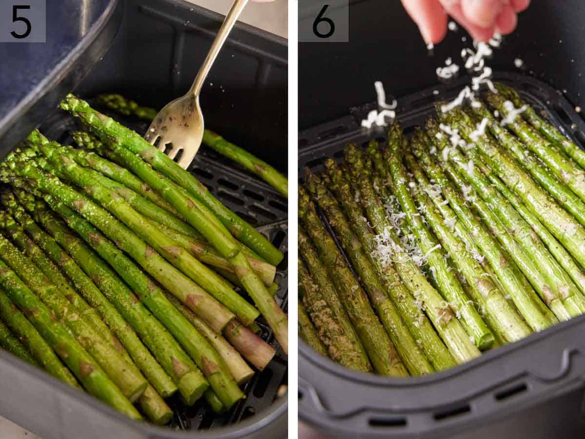 Set of two photos showing asparagus flipped with a fork and parmesan sprinkled on top.