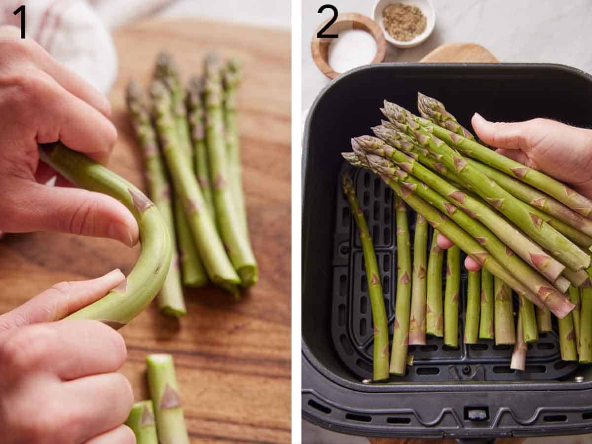 Set of two photos showing woody ends of asparagus being snapped off and asparagus added to an air fryer basket.