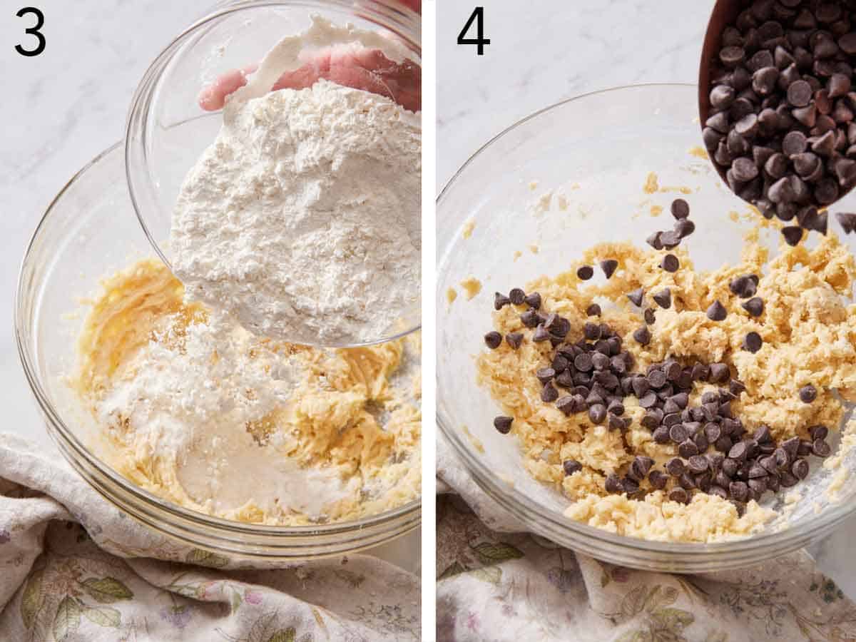 Set of two photos showing flour and chocolate chips added to the bowl.