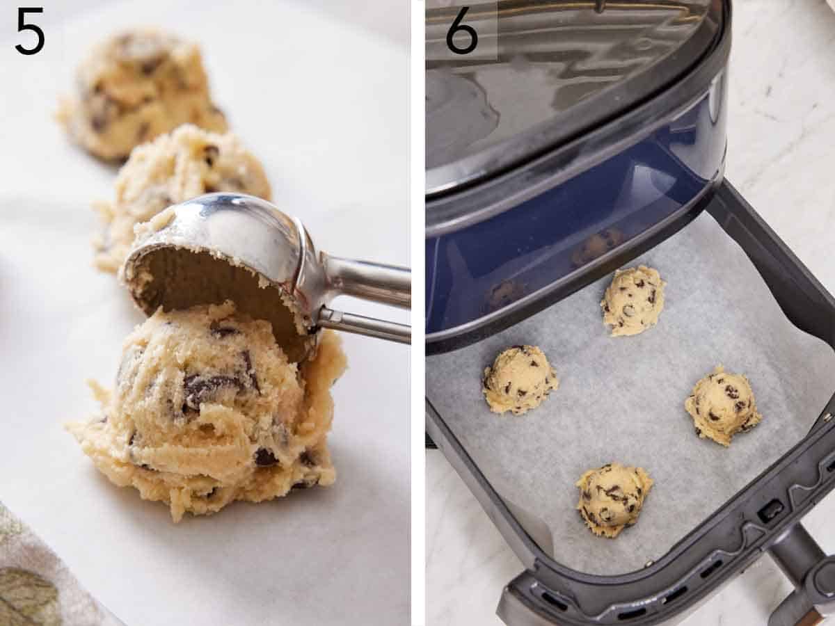 Set of two photos showing cookie dough scooped onto parchment and then transferred to an air fryer.