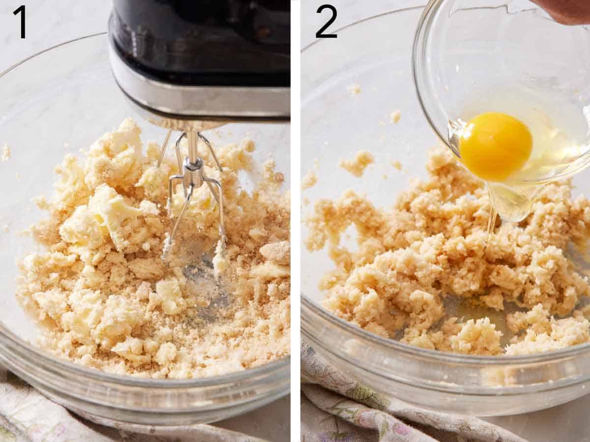 Set of two photos showing butter being creamed and egg added.