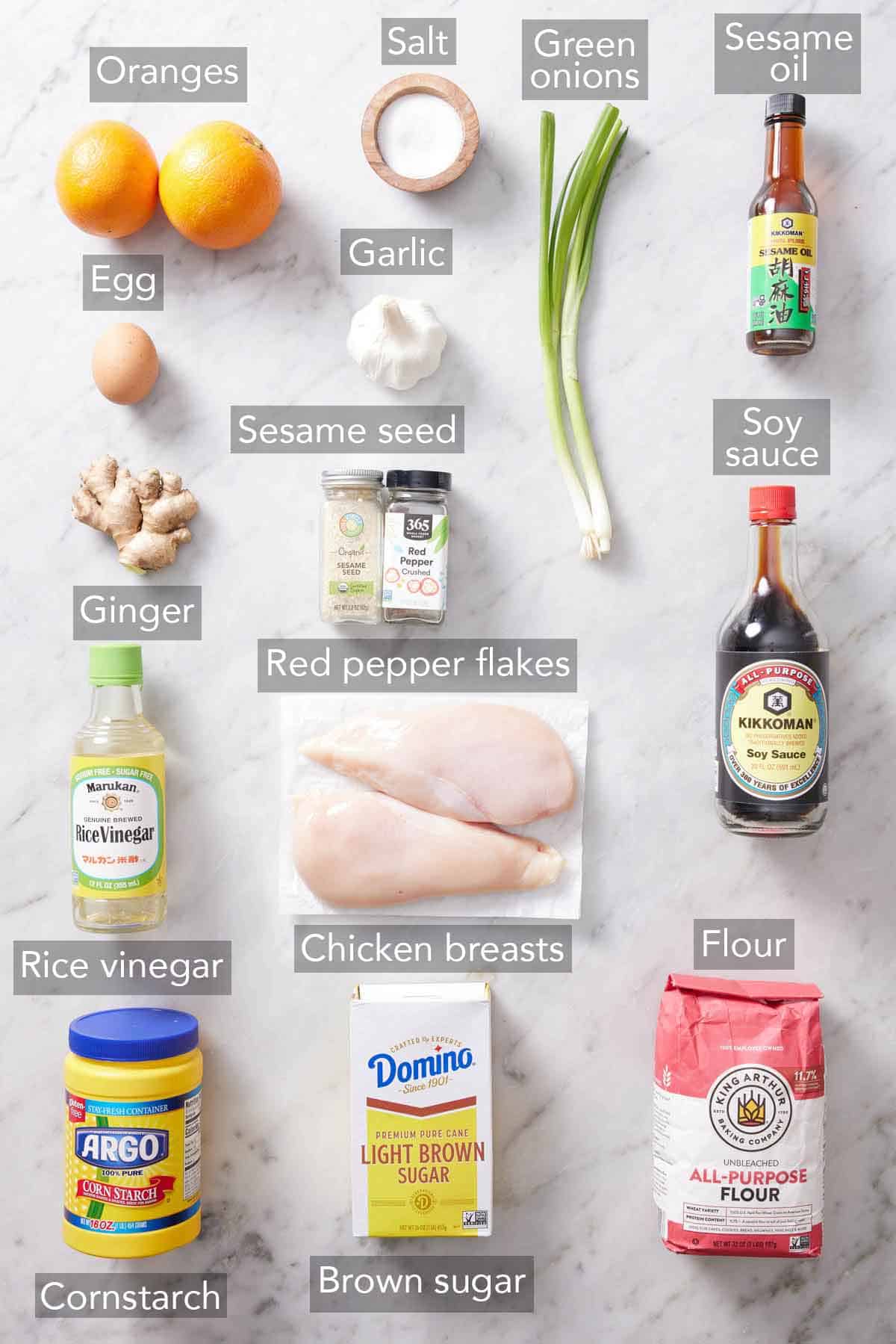 Ingredients needed to make air fryer orange chicken.