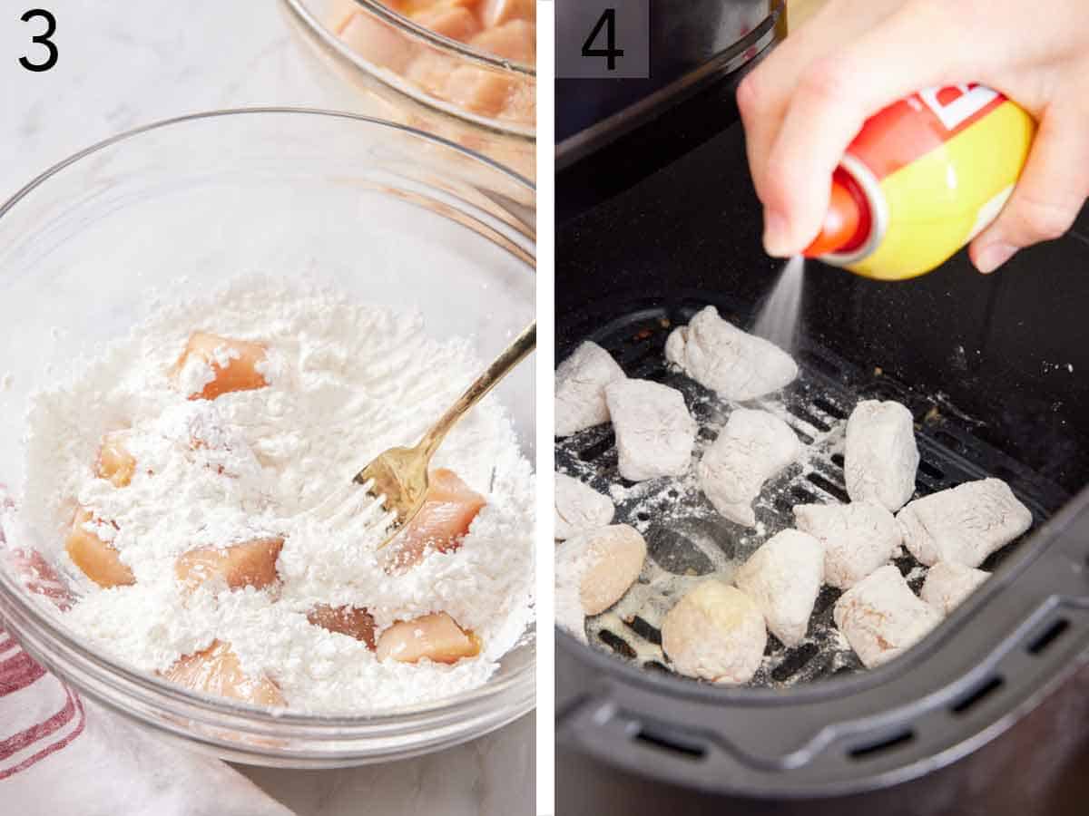 Set of two photos showing chicken pieces coated in cornstarch mixture and then sprayed with oil in the air fryer basket.