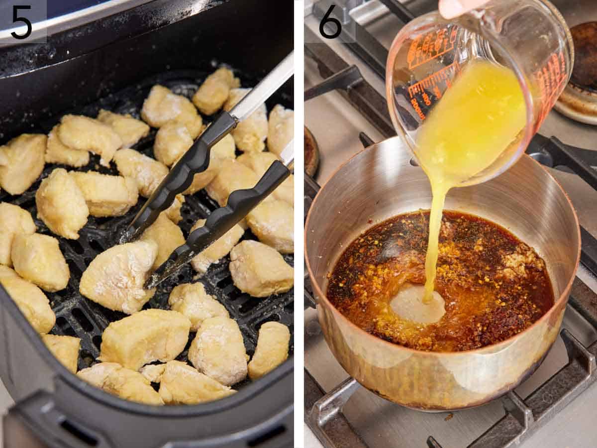 Set of two photos showing chicken flipped in the basket and sauce being prepared on the stovetop.