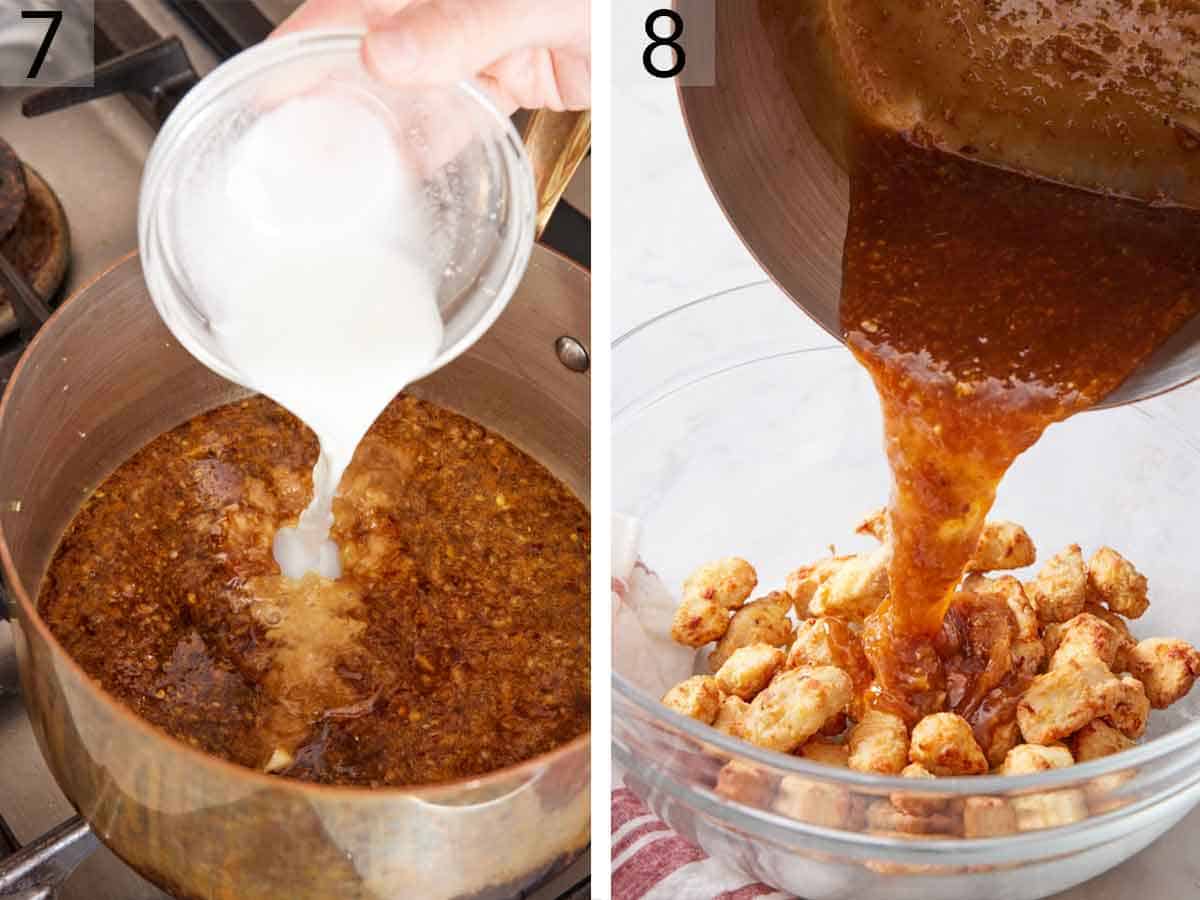 Set of two photos showing cornstarch mixture added to the sauce and chicken pieces tossed in sauce.