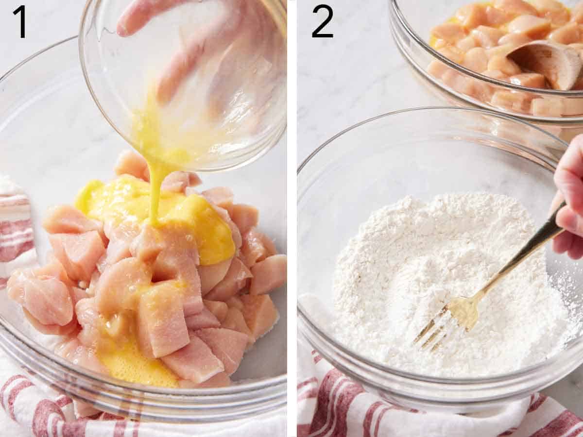 Set of two photos showing egg added over diced chicken and dry ingredients mixed in a bowl.