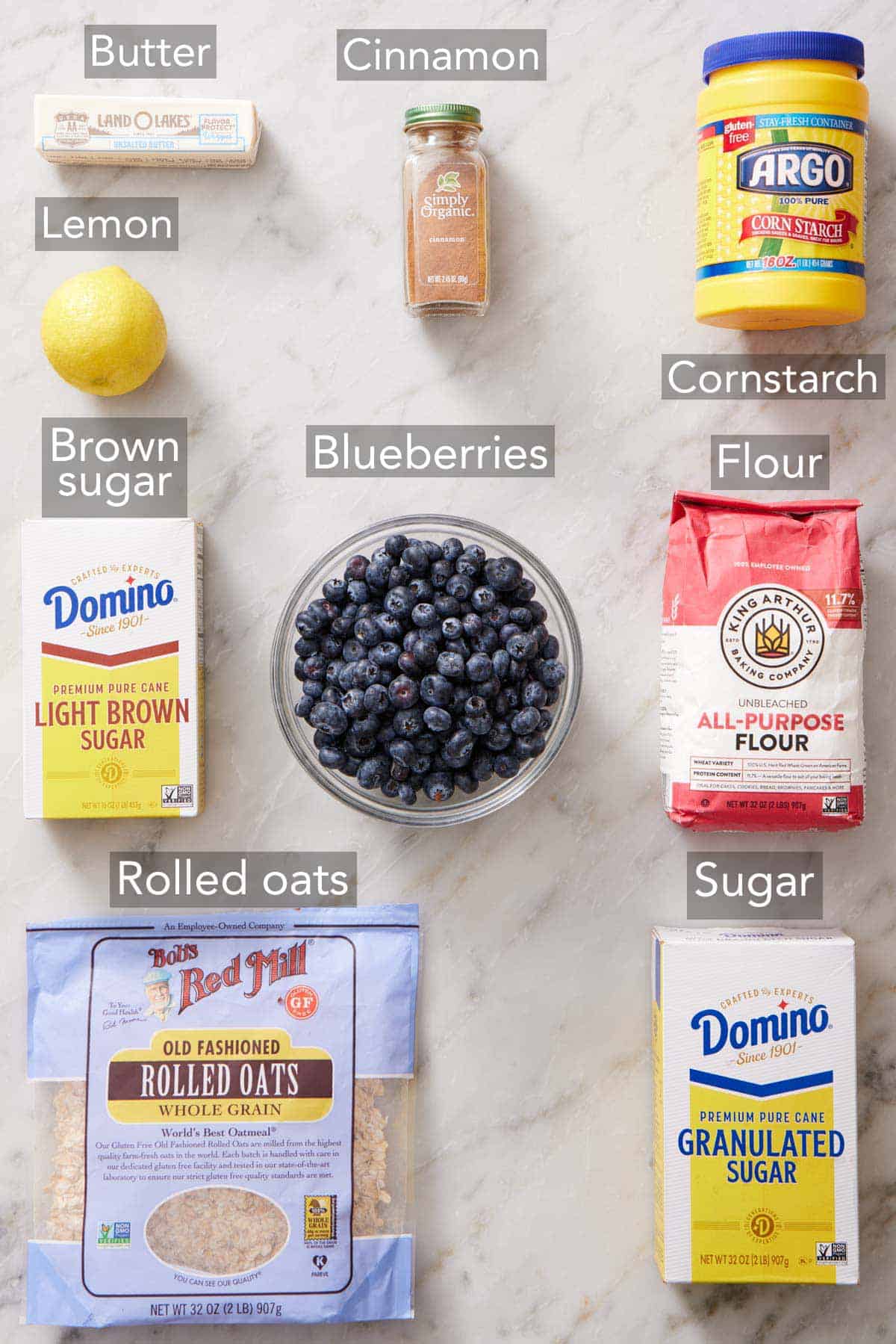Ingredients needed to make blueberry crisp.