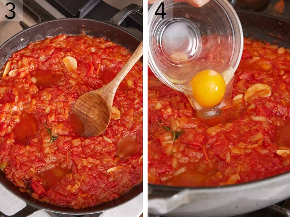 Set of two photos showing wells made with a spoon in the tomatoes and an egg added to the pocket.