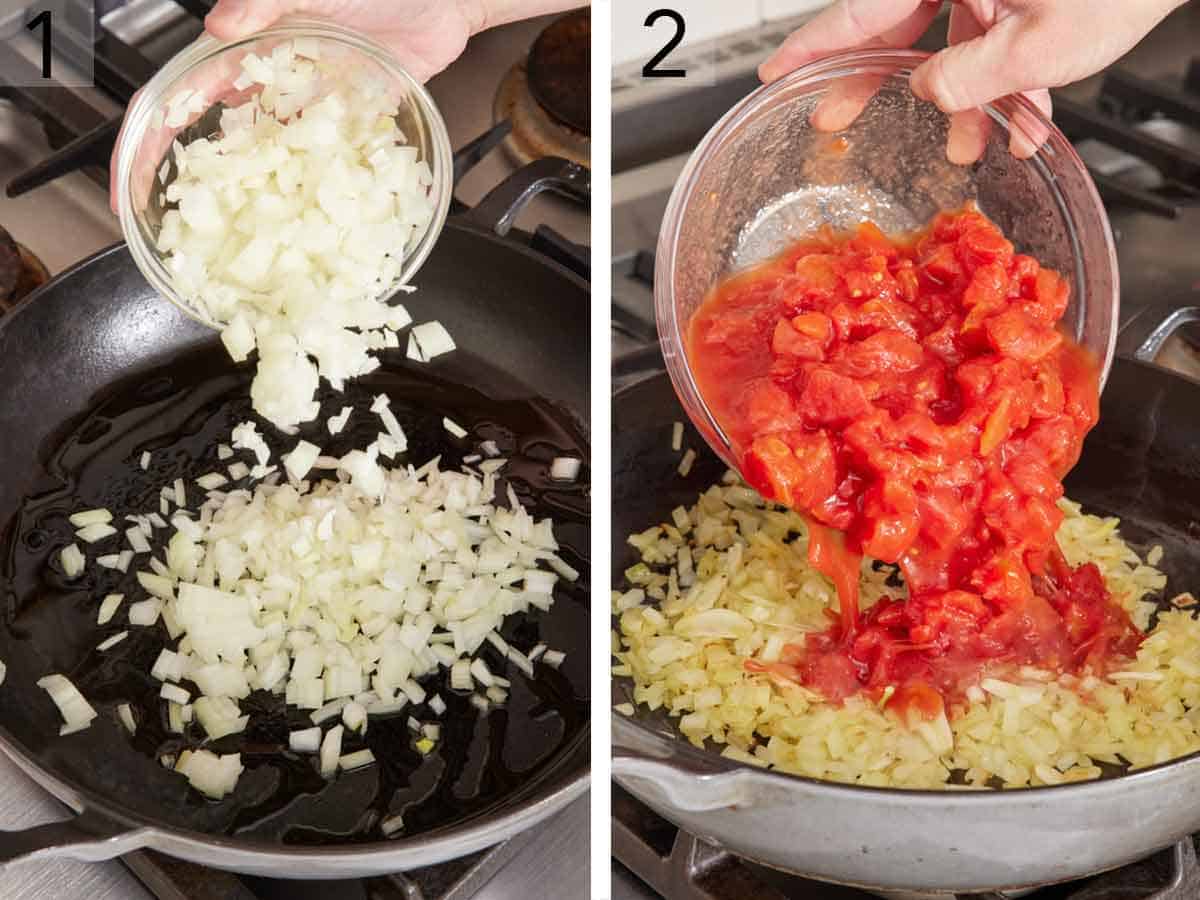 Set of two photos showing onions and tomatoes added to a skillet.