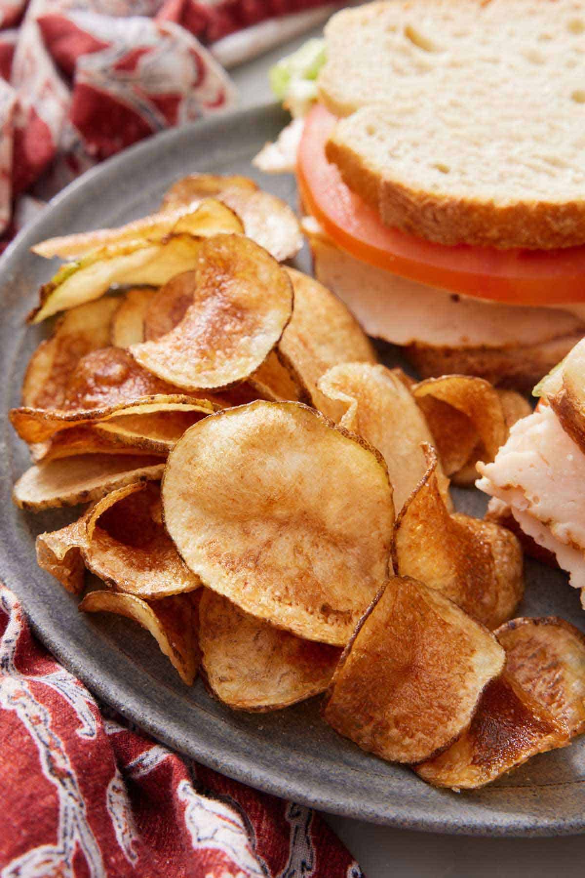 A close up view of chips on a plate with a sandwich.