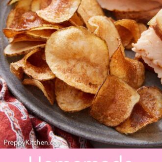 Pinterest graphic of chips on a plate with a sandwich.