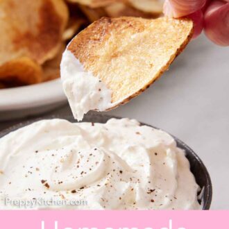 Pinterest graphic of a potato chip dipped into a creamy white dip and lifted. More chips in the background in a platter.