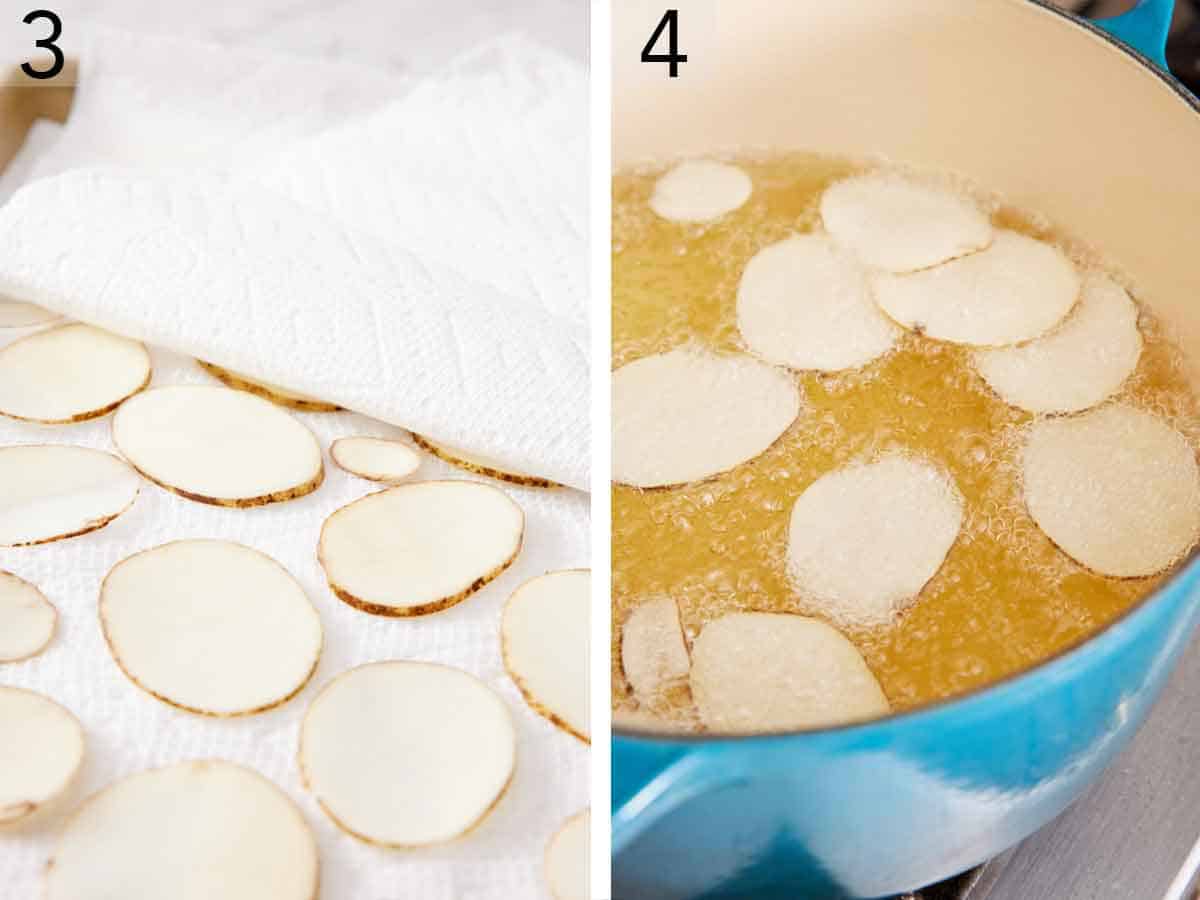 Set of two photos showing slices patted dry with a paper towel and transferred to hot oil to fry.