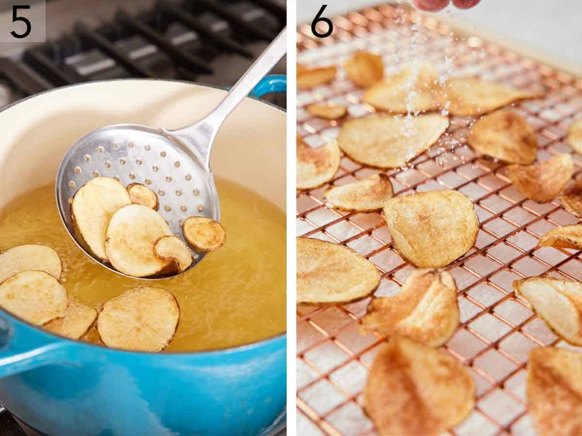 Set of two photos showing fried chips scooped out of the oil and then salted on a cooling rack.